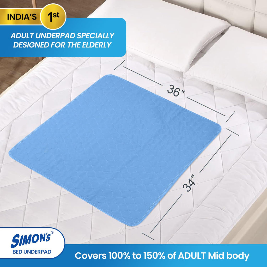 Simon's Cotton Adult Reusable Classic Bed Underpad for Elderly, Heavy Absorbency Large Size 34 X 36 Inches | Leak Proof 4 Layer Design Protects Surfaces for Incontinence Patients– Blue | Pack of 1