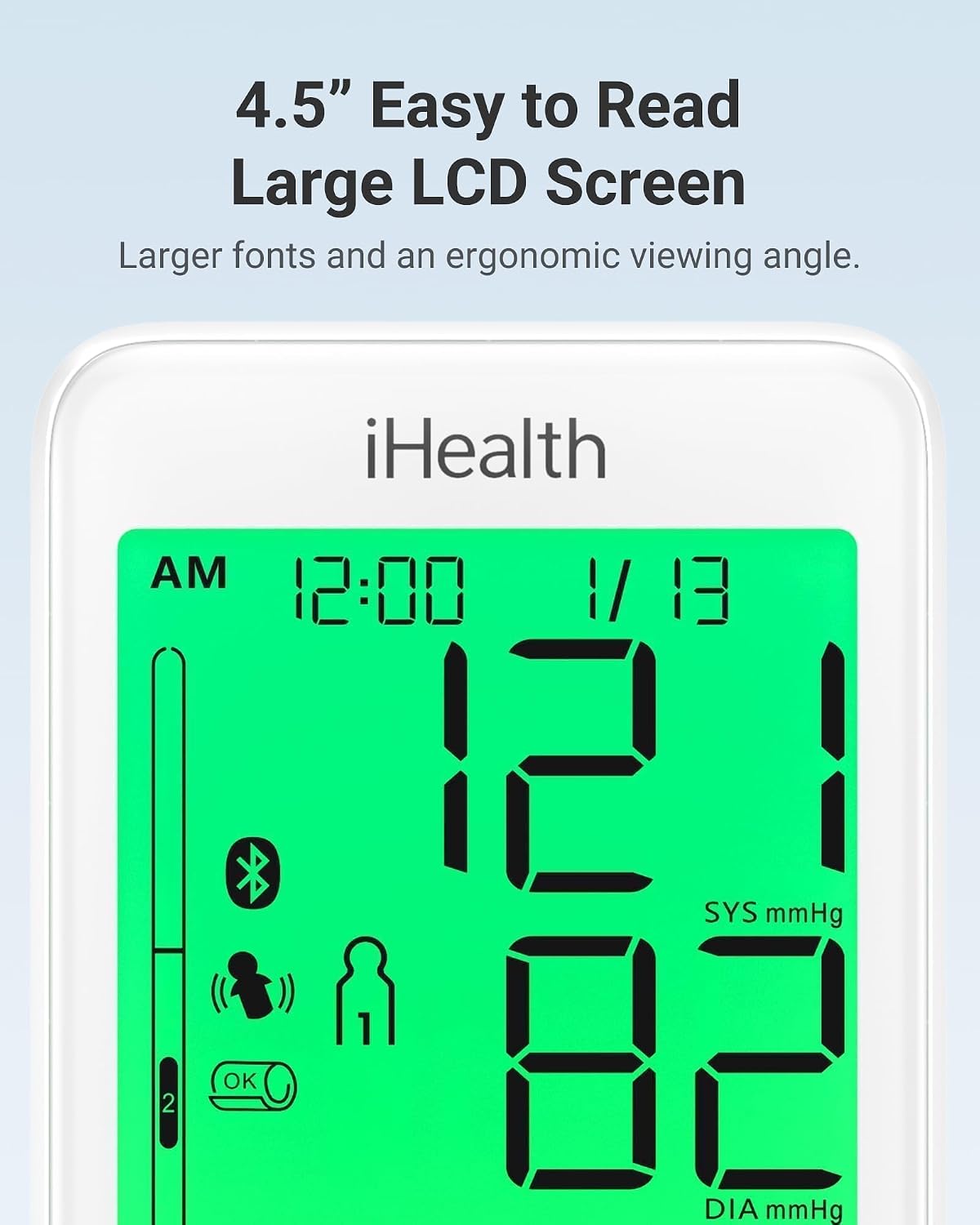 iHealth Accu Bluetooth Upper Arm Blood Pressure Monitor for Home Use | Smart BP monitor with 8.7-16.5 in BP Cuff for large arms, easy-to-read LCD, 2-user memory, Body & Cuff Detection, White