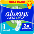 Always Ultra Day Sanitary Pads Normal (Size 1) 40 Count, Super Absorbent and Ultra Thin, For Period