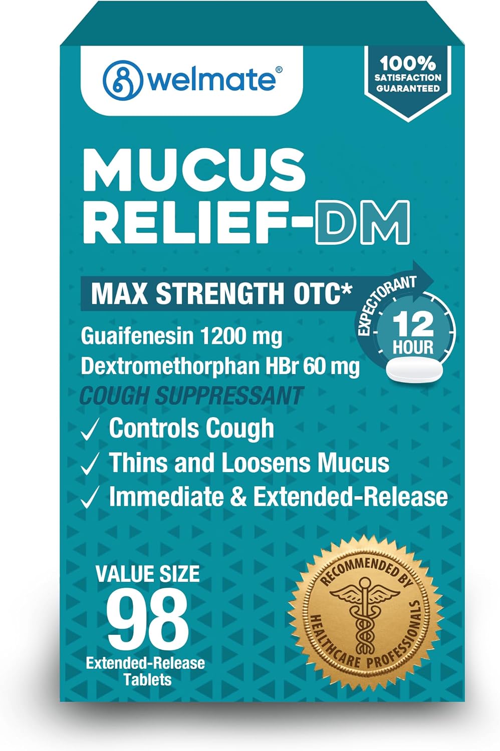 WELMATE Max Strength 12Hr Mucus Relief DM Cough Suppressant, 98 Tablets