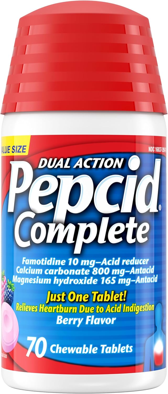 Pepcid Complete Acid Reducer + Antacid Chews, 10mg Famotidine, Berry, 70 Ct | Heartburn Relief, OTC, 800mg Calcium Carbonate, 165mg Magnesium Hydroxide, 10 mg Famotidine, For Acid Reflux, Fast-Acting
