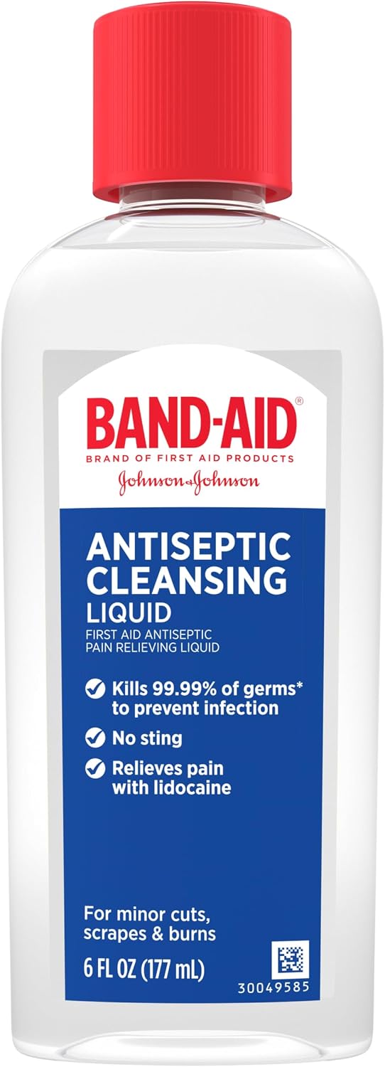 BAND-AID Brand Antiseptic Cleansing Liquid, 6 Fl. Oz | Antimicrobial First Aid Wash for Infection Prevention, Wound Care of Minor Cuts, Scrapes & Burns, Pain Relief with Lidocaine