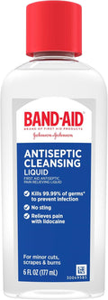 BAND-AID Brand Antiseptic Cleansing Liquid, 6 Fl. Oz | Antimicrobial First Aid Wash for Infection Prevention, Wound Care of Minor Cuts, Scrapes & Burns, Pain Relief with Lidocaine