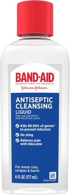 BAND-AID Brand Antiseptic Cleansing Liquid, 6 Fl. Oz | Antimicrobial First Aid Wash for Infection Prevention, Wound Care of Minor Cuts, Scrapes & Burns, Pain Relief with Lidocaine