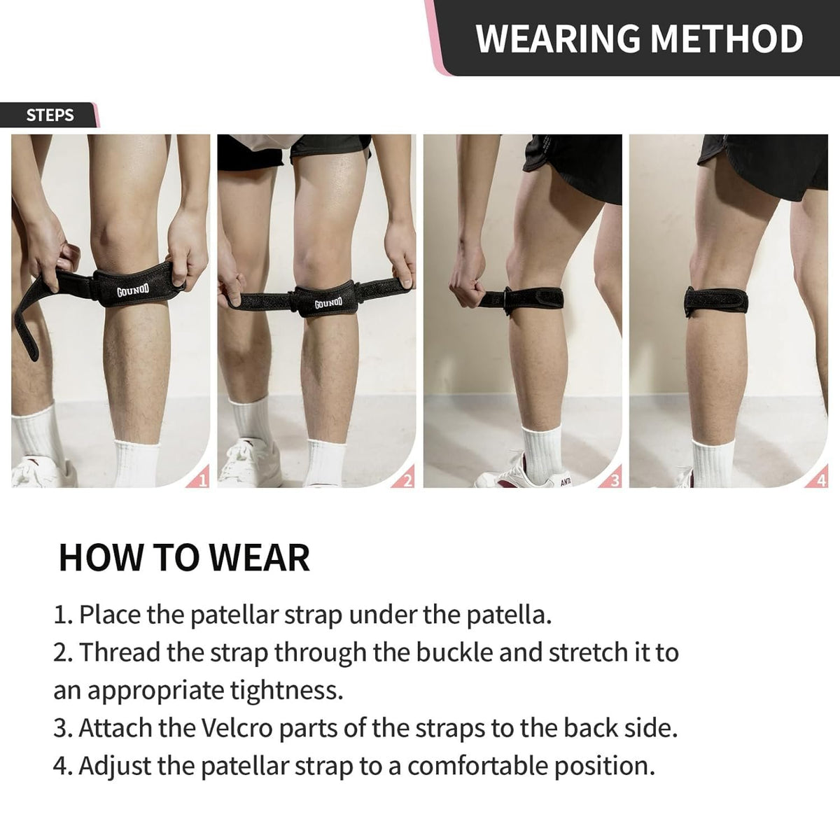 GOUNOD Patellar Tendon Support Strap 2 Pack,Knee Strap for Knee Pain Relief,Patella Band for Basketball, Jumpers Knee, Tendonitis, Running, Hiking, Soccer, Osgood Schlatter（Black）