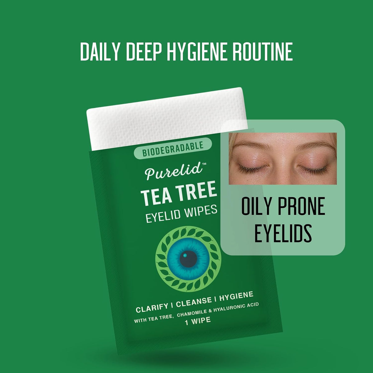 100PCs Tea Tree Eyelid Wipes – Cleaning Eye Wipes for People with Dry Eyes & Allergies – Gentle Eyelid Cleanser with Hyaluronic Acid, Chamomile and Aloe – Individually Wrapped & Biodegradable