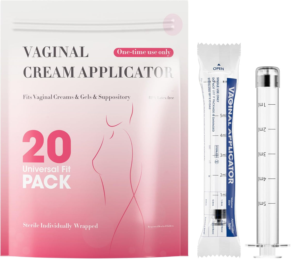 Disposable Vaginal Cream Applicators – 5ml Lube Injector Syringes with Smooth Tip, Dosage Markings, Fits Most Lubricants Creams Gels, Sterilized Individually Wrapped, Pack of 20