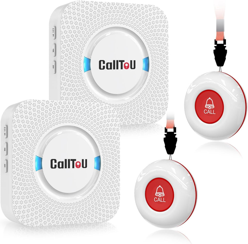 CallToU Caregiver Pager with 2 Wireless Call Button for Elderly at Home | Easy Use, Loud Whole-Home Alerts, 500+FT Through-Wall, Waterproof Call Bell Alert Buttons for Seniors/Elderly/Patients/Adults
