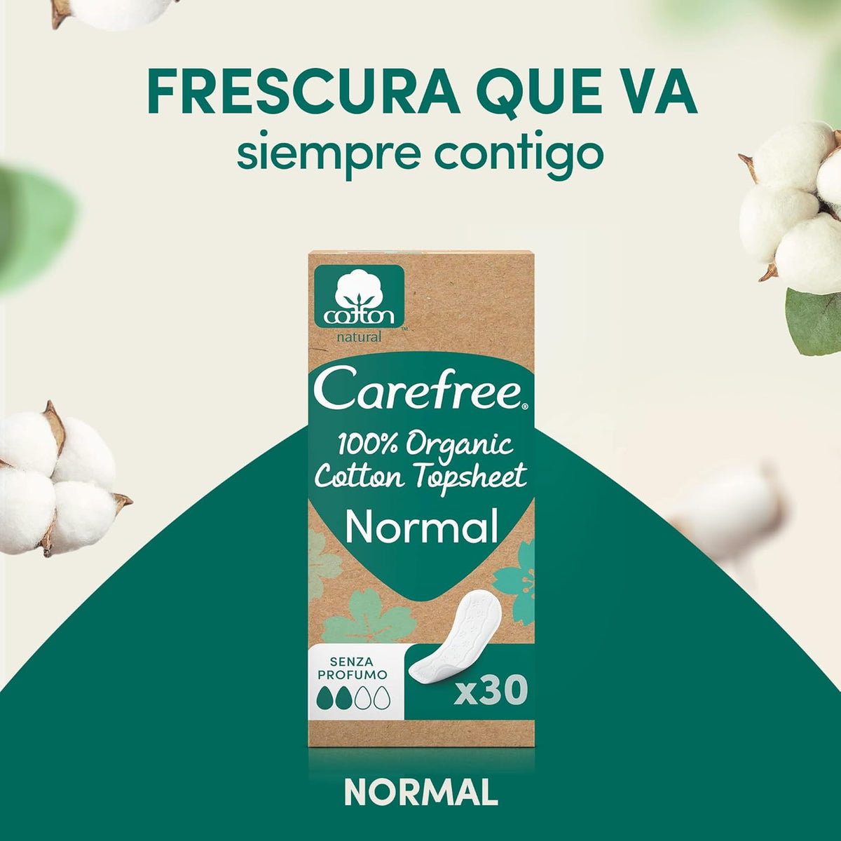 Carefree Organic Cotton Panty Liners, Hypoallergenic and Breathable, Normal, 30 Units