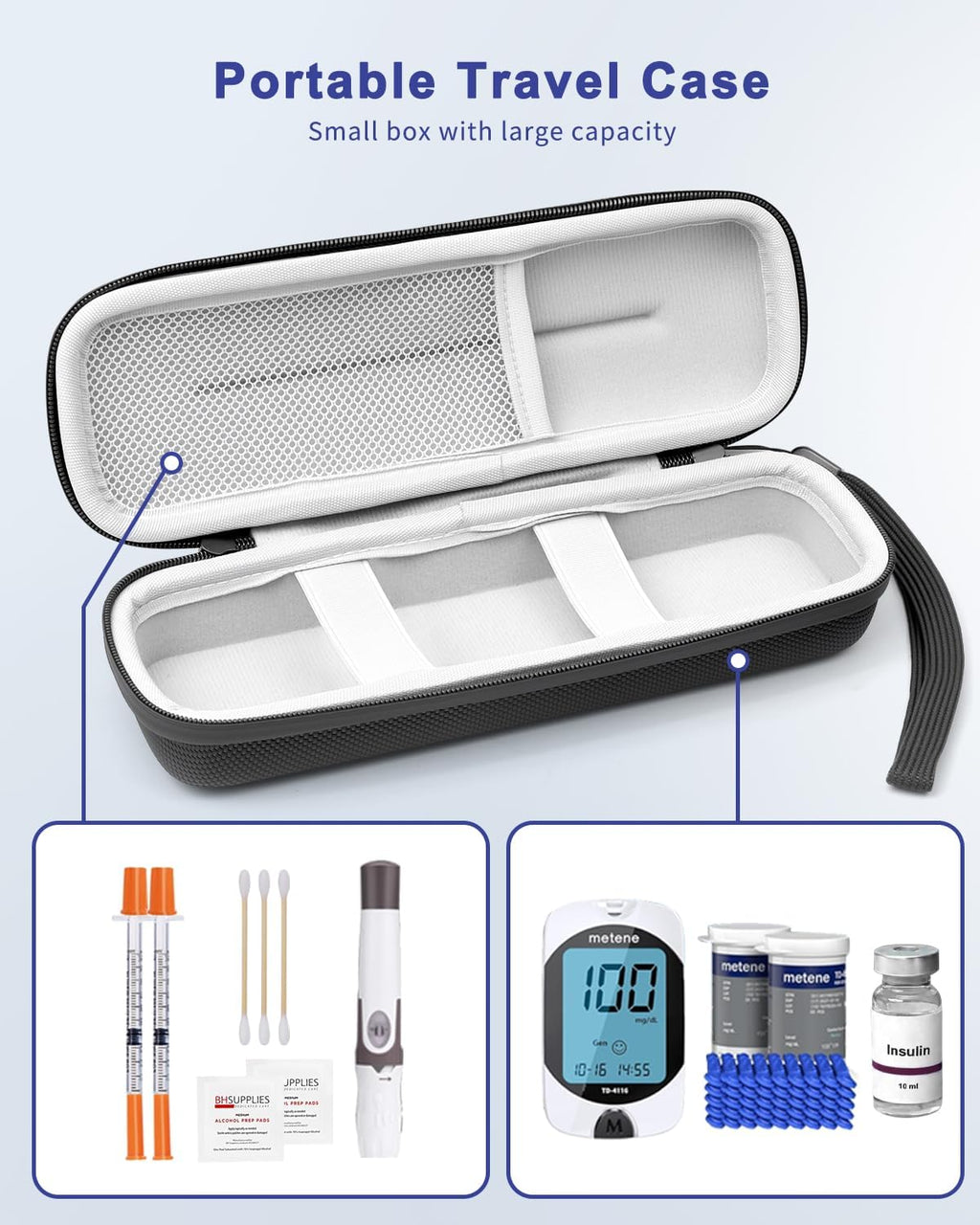Diabetes Travel Case for Diabetic Test Kit Glucose Meter, Insulin Pen More | Portable Hard Travel Carrying Organizer Case for Blood Glucose Meter, Insulin Pen, Syringe, Lancets, Lancing Device & More
