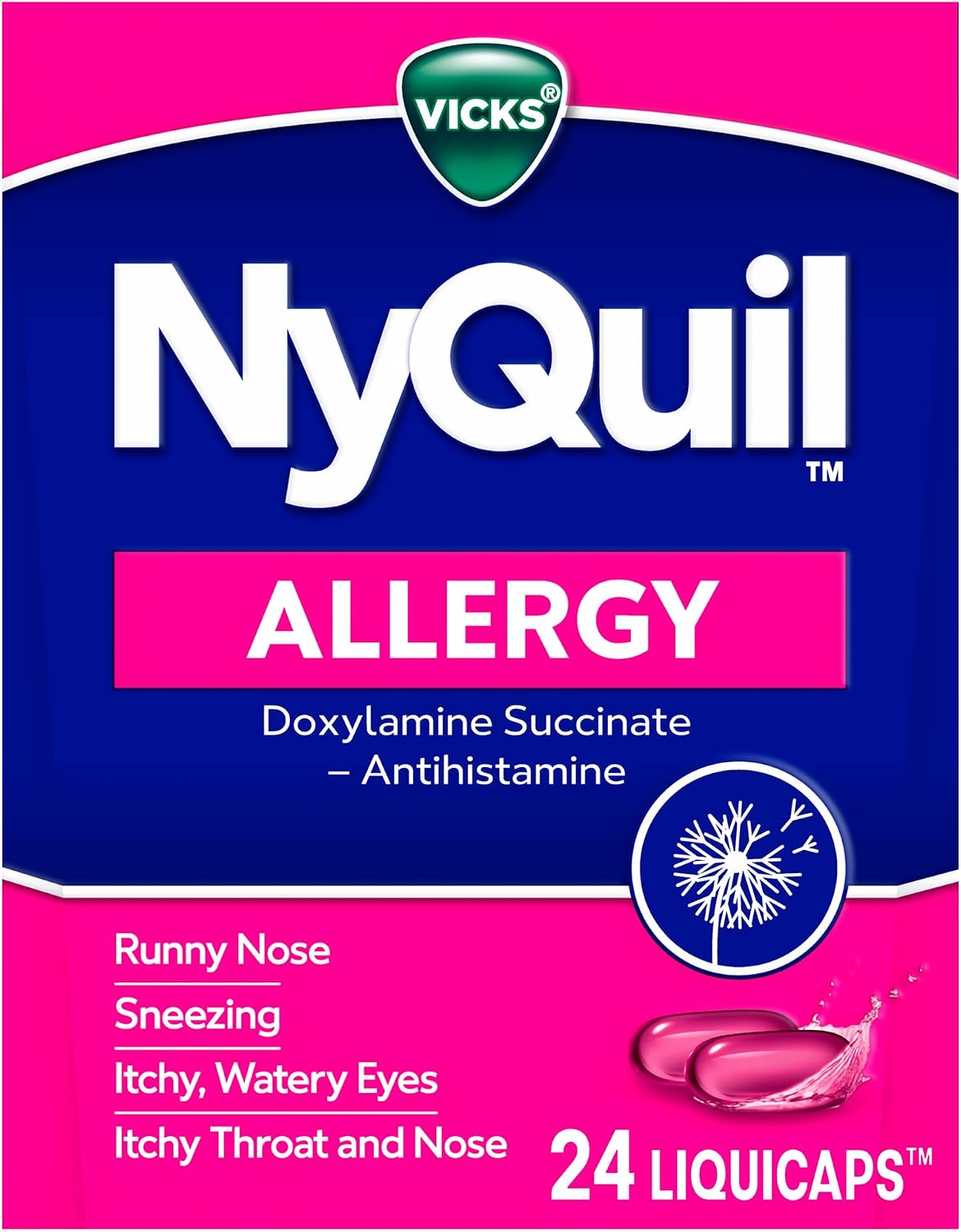 Vicks NyQuil Allergy LiquiCaps, Nighttime Allergy Medicine for Adults, Indoor & Outdoor Allergy Medicine, Doxylamine Succinate Antihistamine for Nighttime Allergy Symptom Relief, 24 LiquiCaps