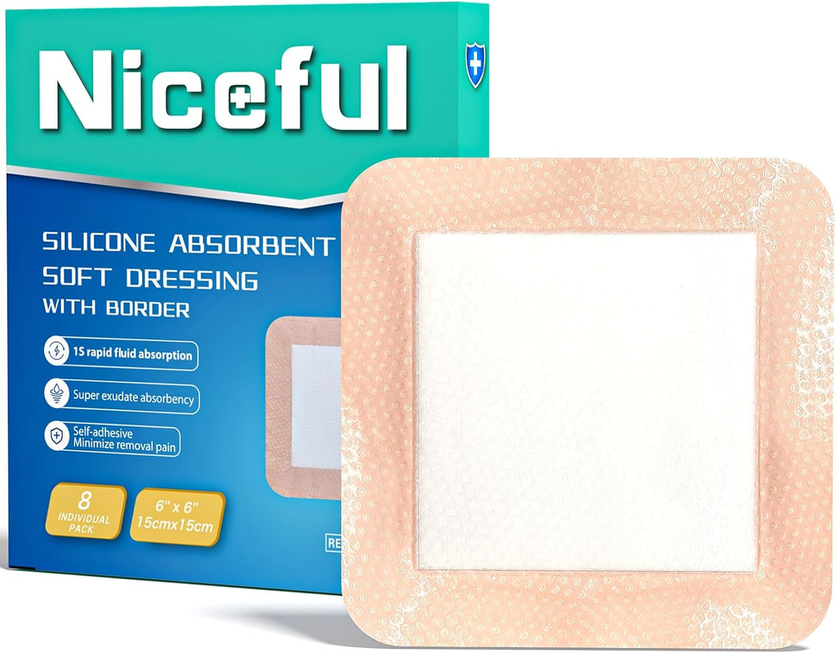 6" x 6" Silicone Super Absorbent Wound Dressing (8 Count)- Gentle Border Large Bandages for Pressure Ulcer, Surgical Wounds, Heavy Exudate Wound Care Pads