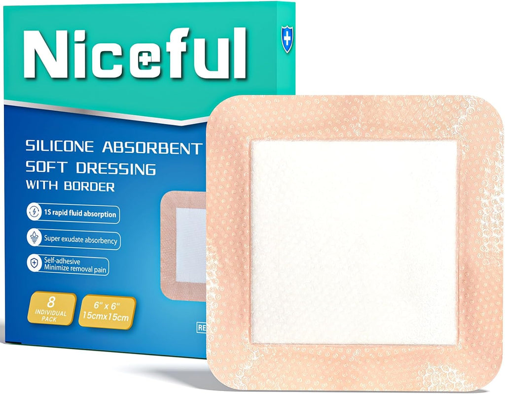Niceful Super Absorbent Silicone Wound Dressing Large Bandages, 6"x6" 8Pcs | Gentle Silicone, High Absorbency, Ideal for Large Wounds (Shoulder/Hip/Knee), Pressure Ulcers & Surgical Wounds