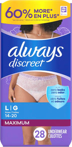 Always Discreet Adult Diapers for Women, Incontinence Underwear, Postpartum Essentials, Disposable Briefs, Max Absorbency, Bladder Leak Protection, Large, 28ct
