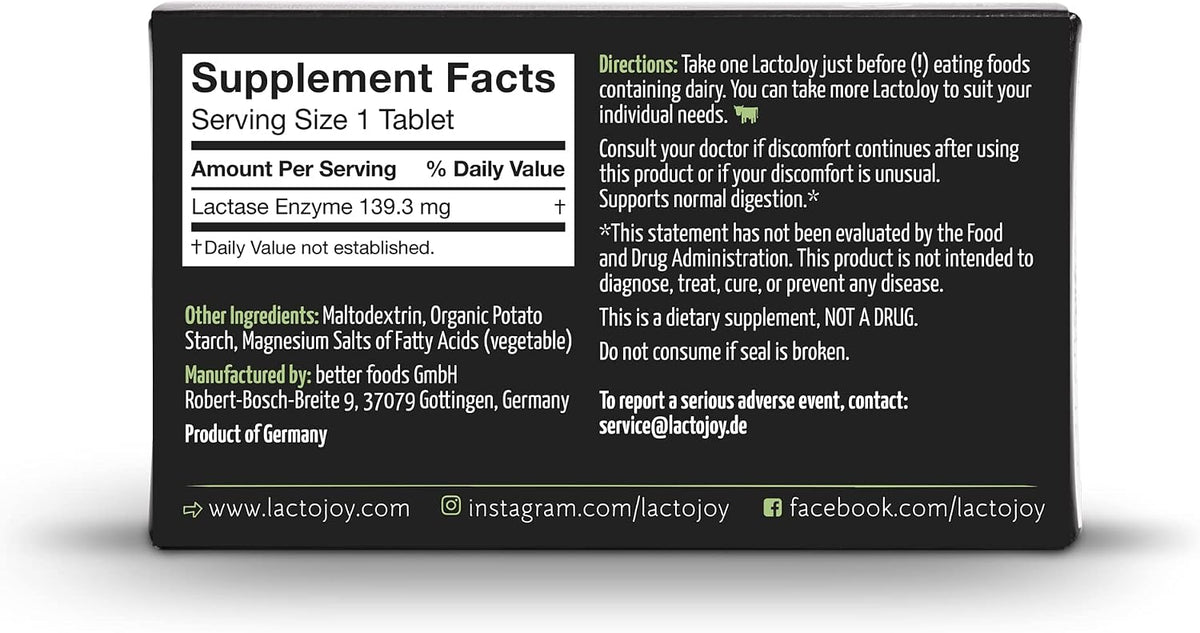 LactoJoy Lactase Pills 14,500 I 45 Pieces I Powerful Lactase Enzymes for Lactose Intolerance I Ultra Pure Lactase for Improved Digestion I No Silicon Dioxide, No Artificial Flavors, No Sucralose