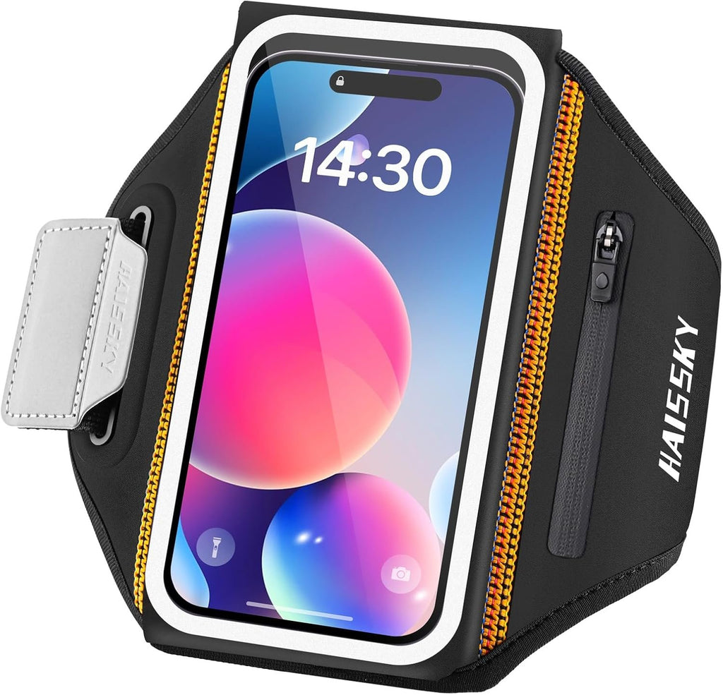 Running Armband with Earphone Bag Cell Phone Armband for iPhone 17 16 15 Pro 14 Plus 13 11 XR, Galaxy S24/S10 Water Resistant Sports Phone Holder Case & Zipper Slot Car Key Holder for 6.9 inch Phone