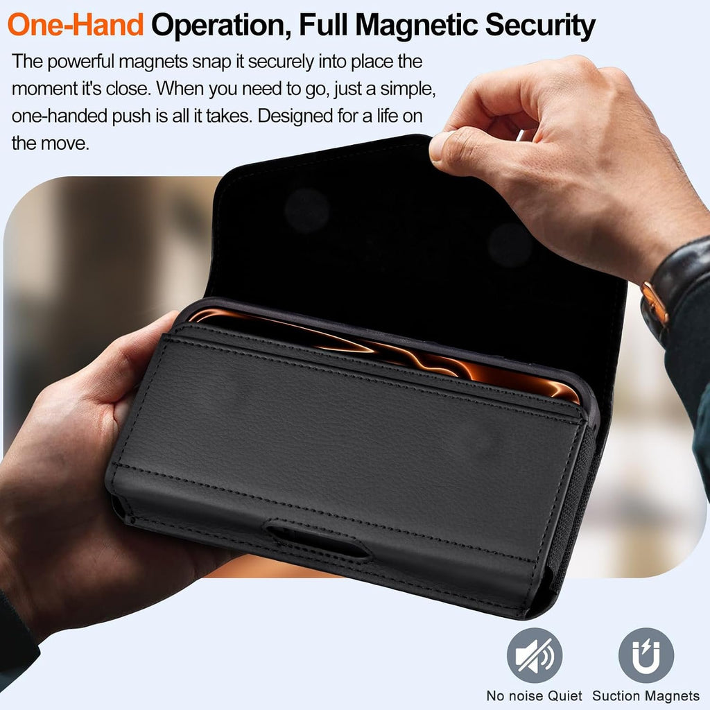 Leather Cell Phone Holster with Card Holder and Belt Clip Protective Case for iPhone Pro Max, Plus 17 16 15 14 13 12, Samsung Galaxy FE, Plus S26 S25 S24 S23 S22, L-Black