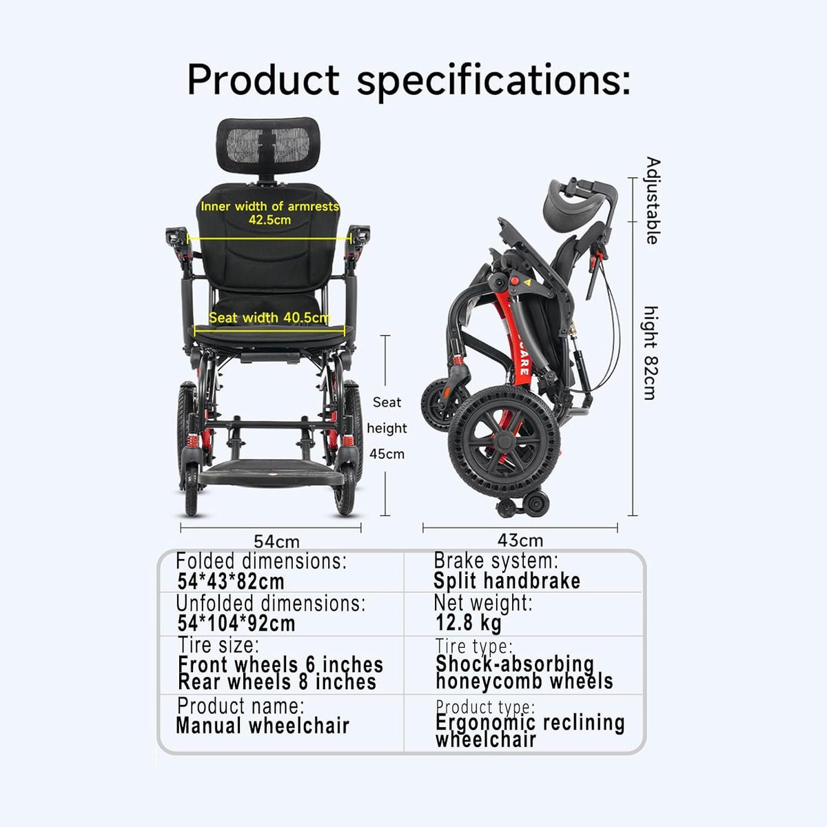 Transport Wheelchair Lightweight Foldable with Ergonomic Seat,Reclining Wheelchairs for Adults with Adjustable Headrest,Support 264LB Portable Compact Folding Travel Wheelchair,Only 28LB