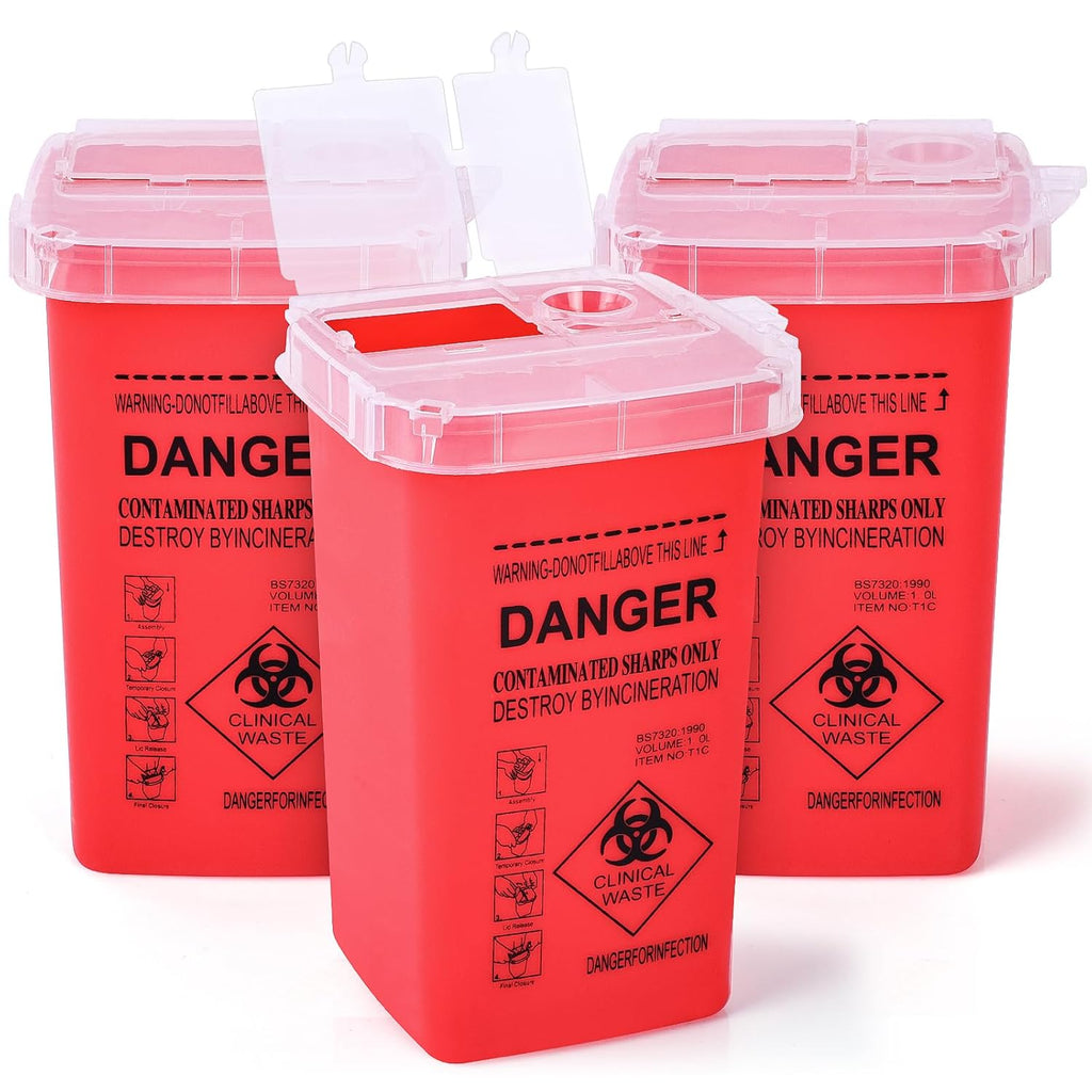 1 Quart (3-Pack) Sharps Container for Home Use, Needle Disposal Containers | Biohazard Containers, Syringe Disposal, Small Portable Container for Travel, Professional Sharp Waste Disposal Containers