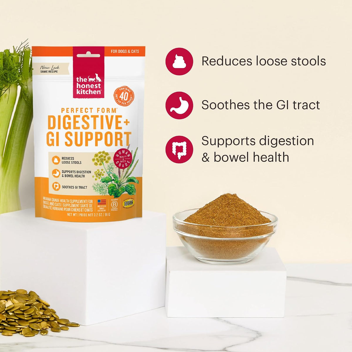 The Honest Kitchen Perfect Form Herbal Digestive Supplement for Dogs & Cats, Human Grade Gut Health Support Powder with Pumpkin, Slippery Elm & Papaya Leaf, Gut & Stool Support, 3.2 oz Pouch