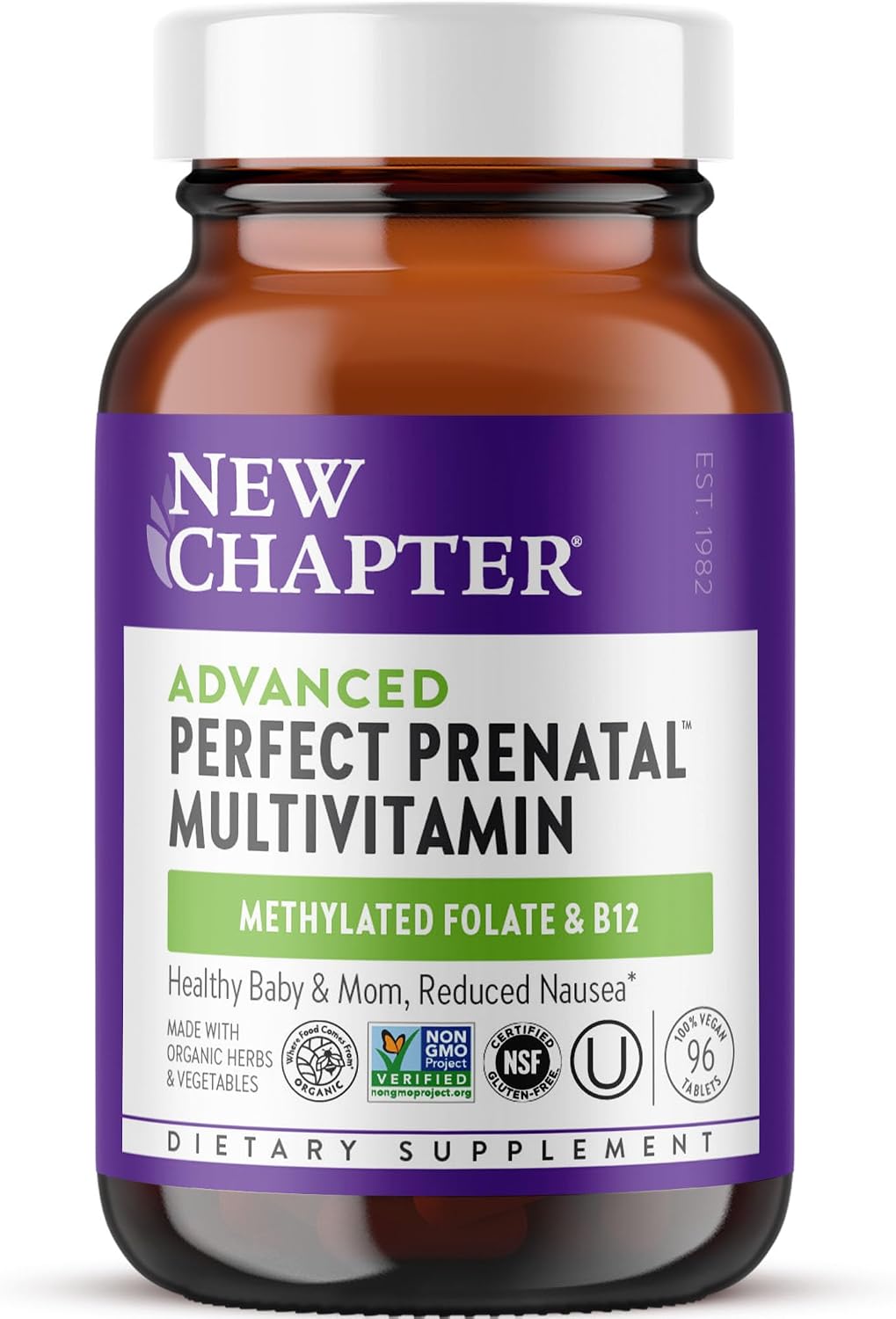 New Chapter Advanced Perfect Prenatal Vitamins, 96ct, Made with Organic, Non-GMO Ingredients for Healthy Baby & Mom - Folate (Methylfolate), Whole-Food Fermented Iron, Vitamin D3 + Ginger