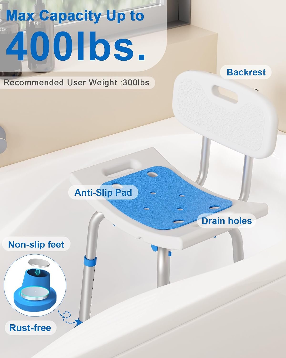 HOMLAND Shower Chair for Inside Shower with Removable Back, Aluminum Frame | Height Adjustable, Heavy Duty Bath Seat for Bathtub, Lightweight Safety Shower Stool for Seniors and Disabled