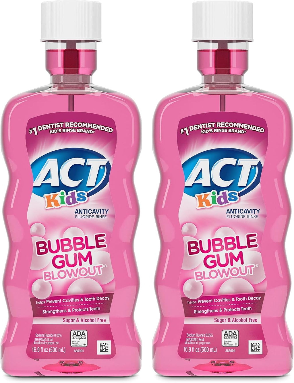 ACT Kids Anticavity Fluoride Mouthwash, Sugar & Alcohol Free Mouth Rinse Strengthens Teeth, Bubble Gum Blowout, 16.9 fl. oz., 2pk