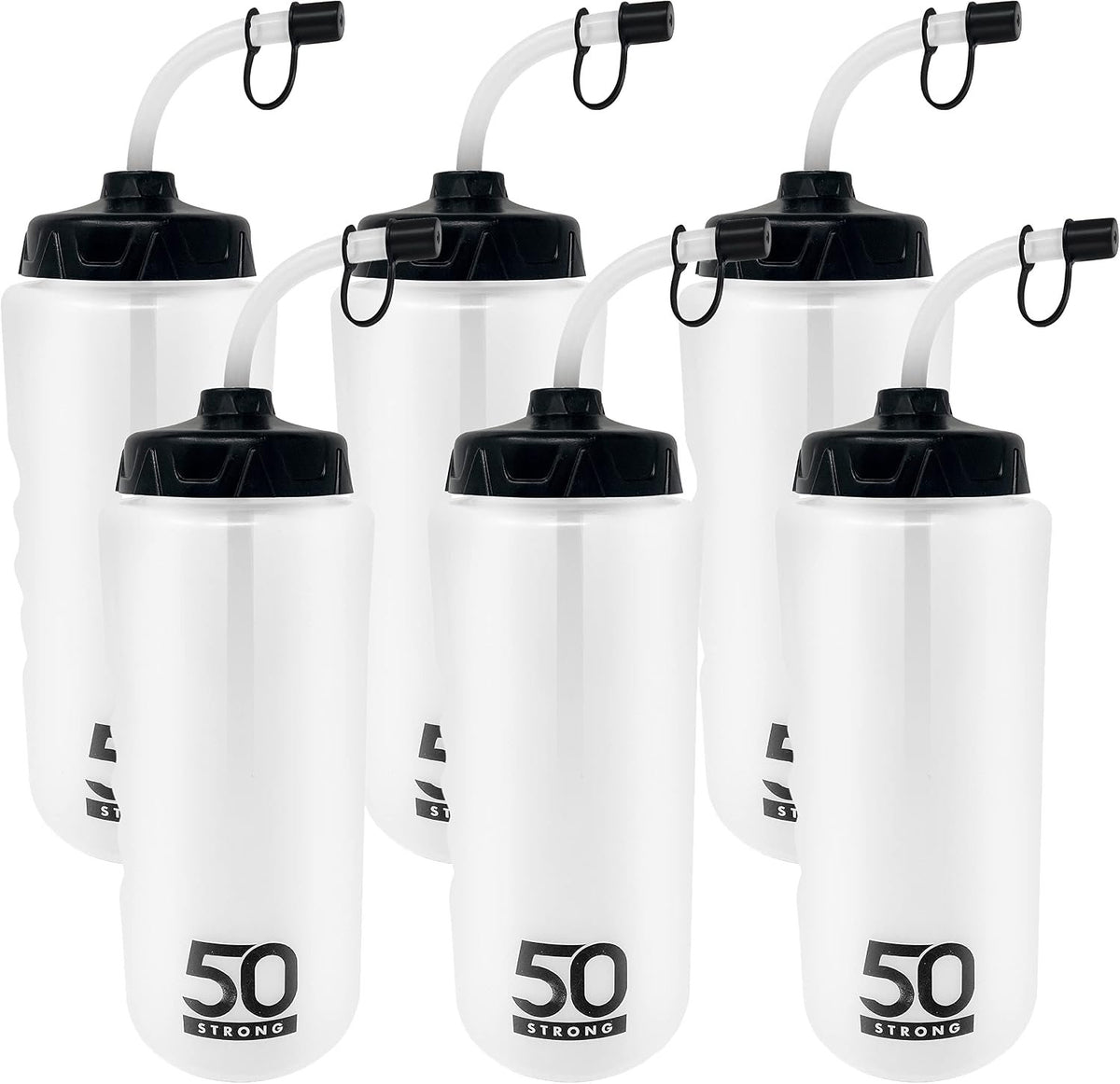 50 Strong 1 Liter BPA-Free Plastic Round Sports Water Bottle with Straw - 6 Pack
