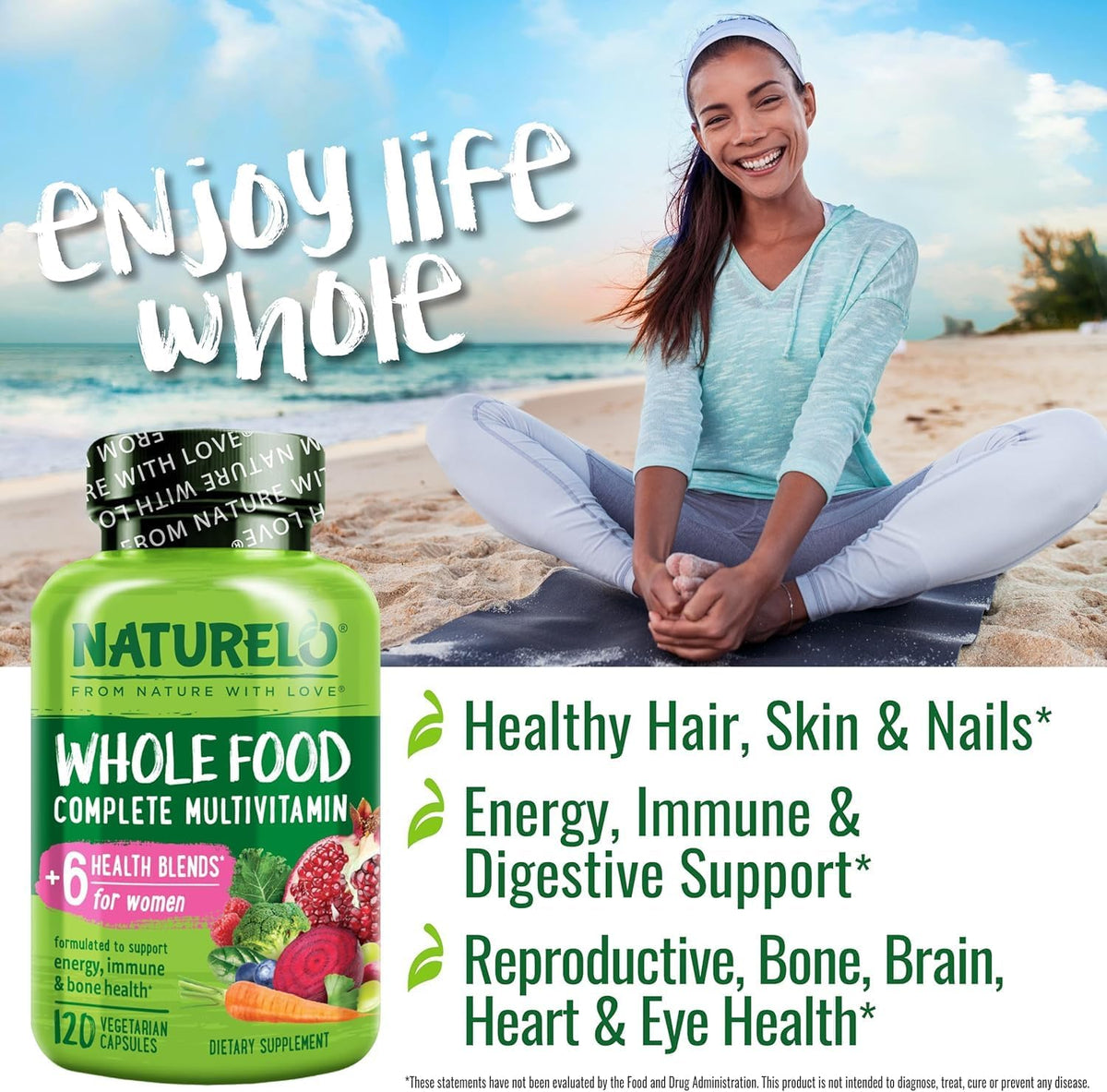 NATURELO Whole Food Multivitamin for Women - with Vitamins, Minerals, & Organic Extracts - Supplement for Energy and Heart Health - Non GMO - 120 Vegan Capsules