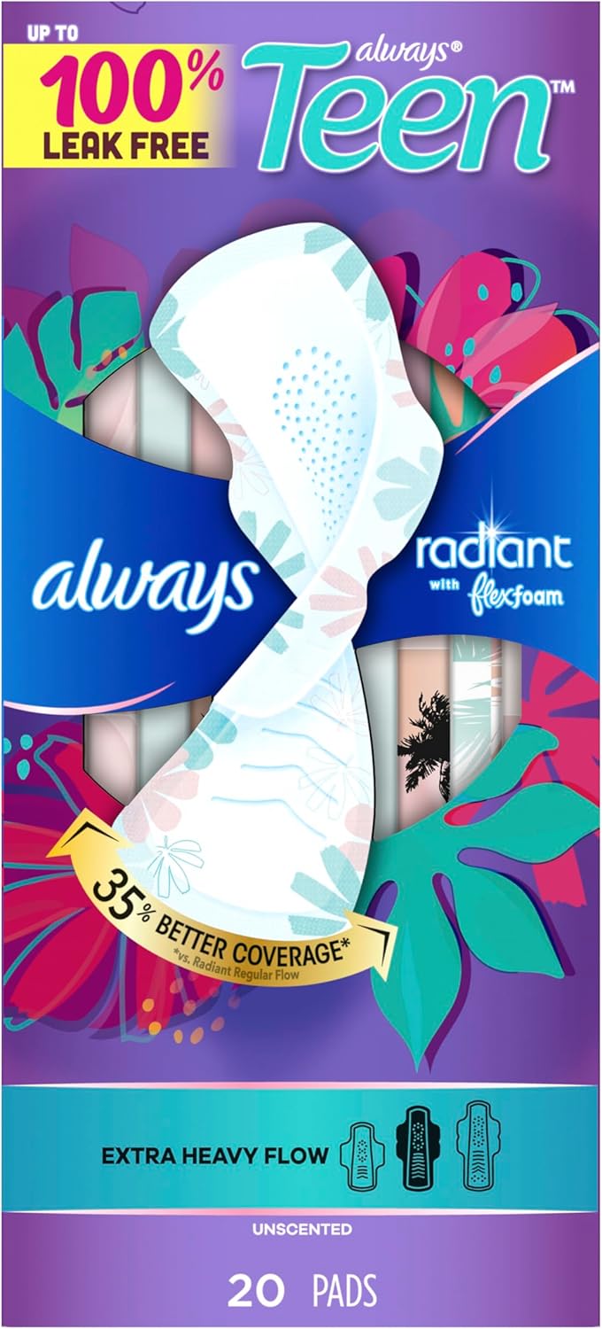 Always Radiant Teen Pads, Size 3, Extra Heavy, with Wings, Unscented, 60 Count (3 Packs of 20)