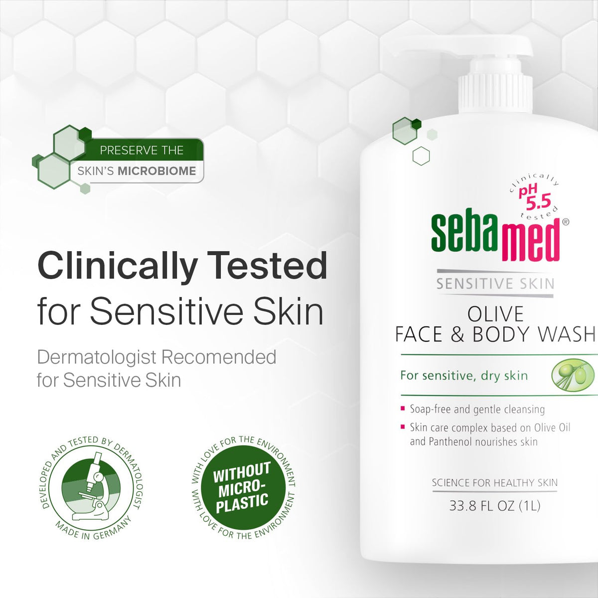 Sebamed Olive Face and Body Wash With Pump for Sensitive and Delicate Skin pH 5.5 Ultra Mild Dermatologist Recommended Cleanser 33.8 Fluid Ounces (1 Liter)