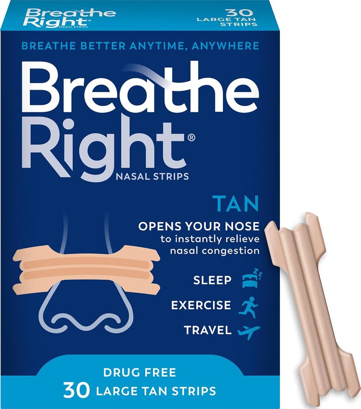 Breathe Right Nasal Strips, Large, Relieves Nasal Congestion, Tan, 30 ct | Opens nose and increases nasal airflow, helps relieve nasal congestion for better breathing, drug-free, use anytime, anywhere