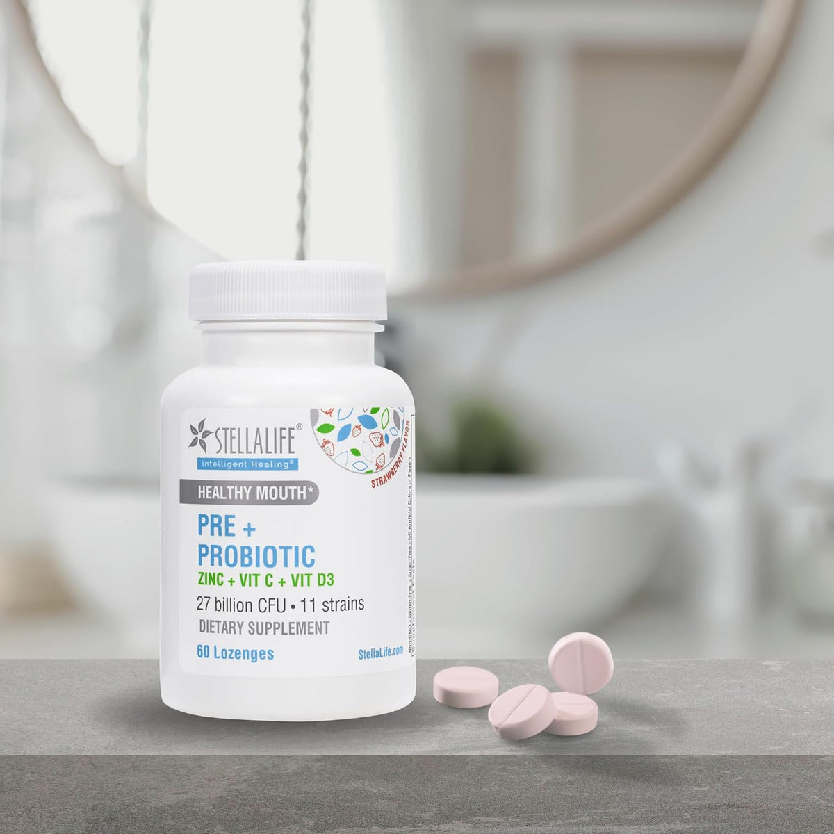 StellaLife Oral Prebiotic & Probiotic Lozenges for Teeth and Gums – 27B CFU, 11 Strains, Dental Probiotic for Bad Breath, Immune Support with VIT C, D3 & Zinc (Strawberry Flavor) 60 Day