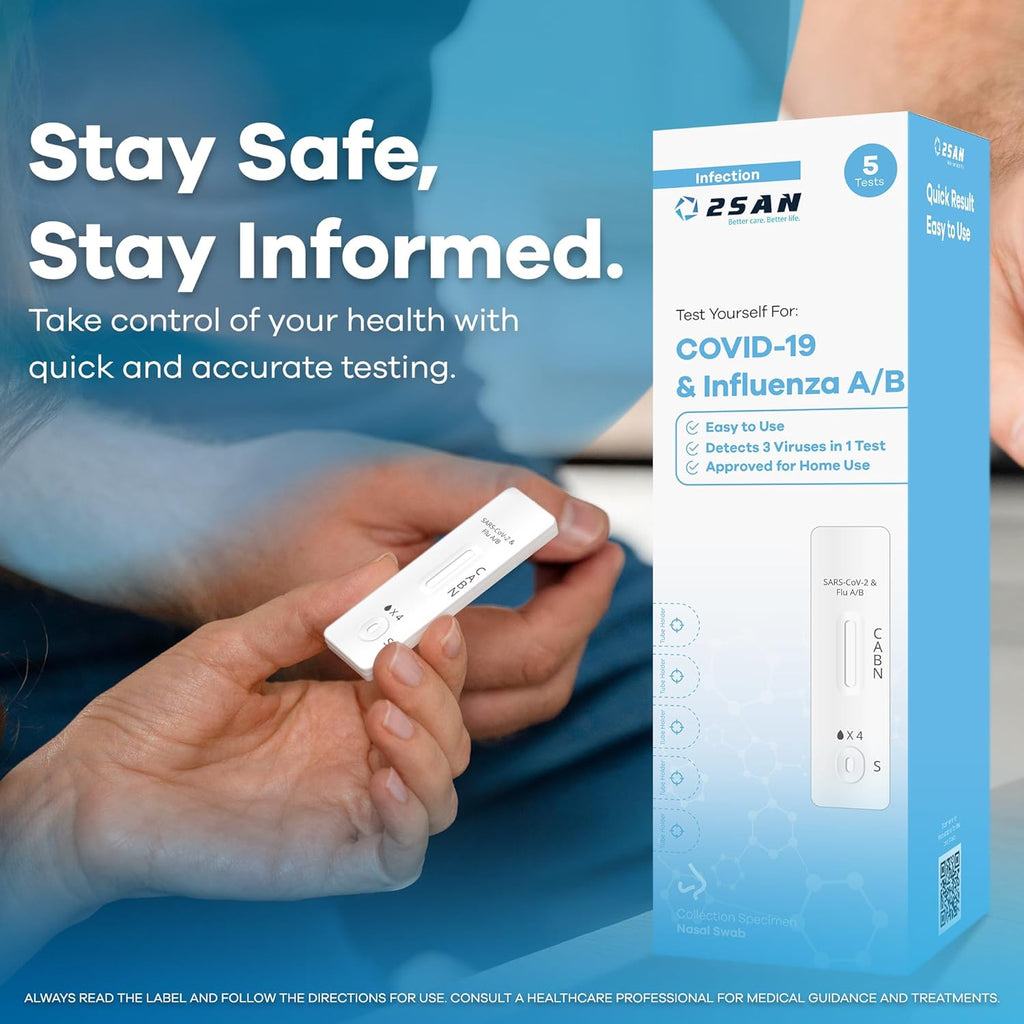 2San COVID-19 and Flu A/B Rapid Test Kit, 15-Minute Results, Easy At-Home Antigen Self-Test for Quick and Accurate Detection of COVID and Influenza, 5 Pack