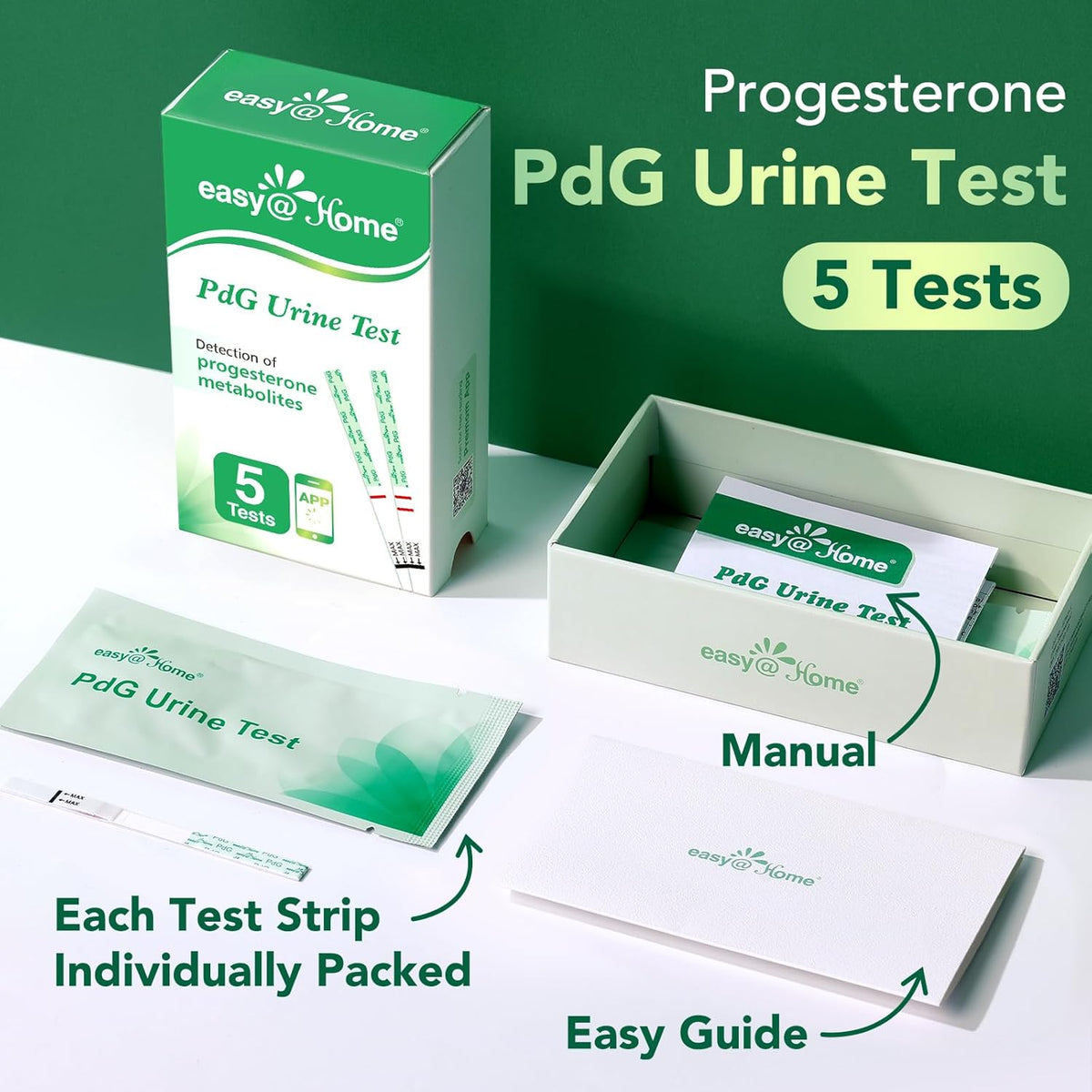 Easy@Home PdG Test Strips: 5 Pack - Track Ovulation Insights with Progesterone Urine Tests – at Home Fertility Test for Women with Premom Ovulation App - PdG (Pregnanediol Glucuronide) Tests