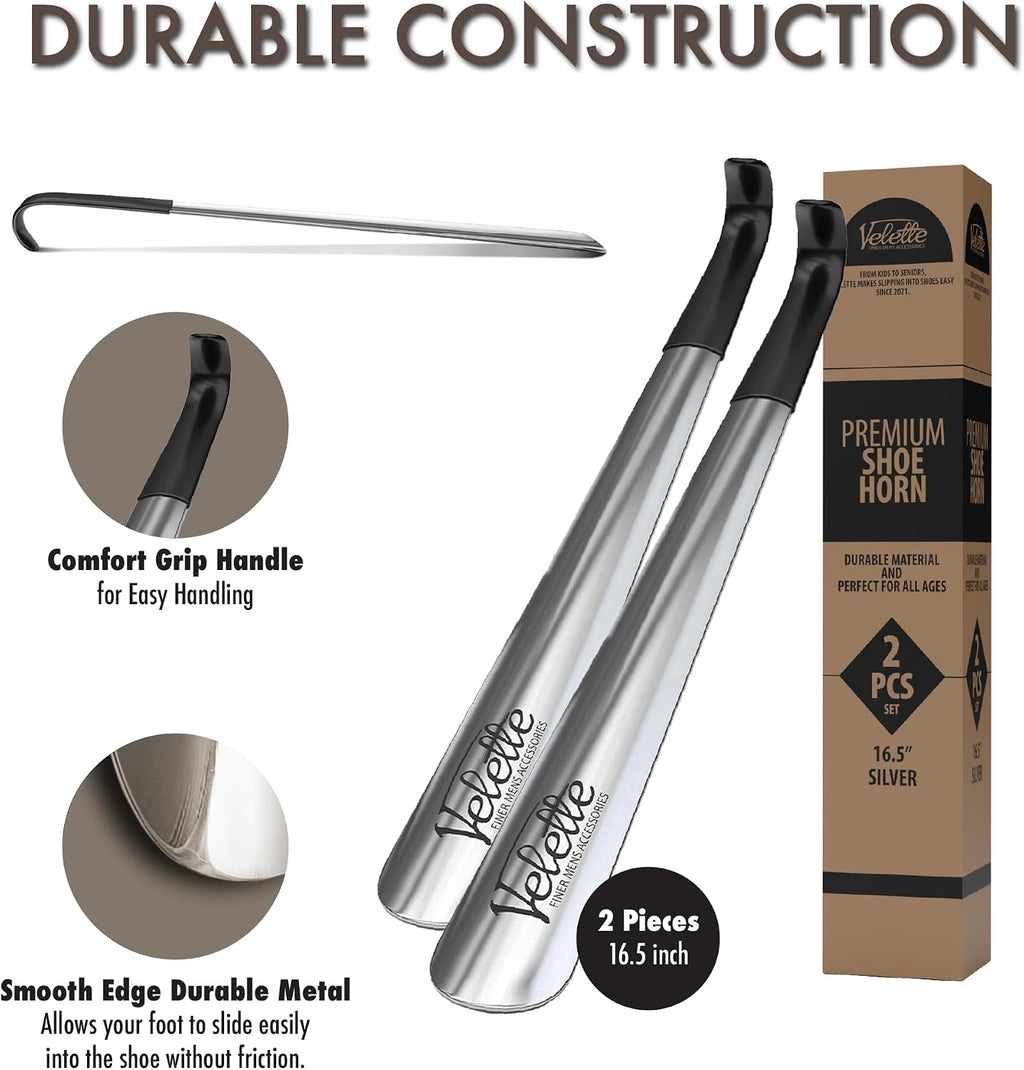 Long Shoe Horn for Seniors - 2 Pack 16.5 Inch Metal Shoehorn | Full-Length Handle, Stainless Steel, Fits Boots, Extra Reach, Dressing Spoon, Extended Reach Tool