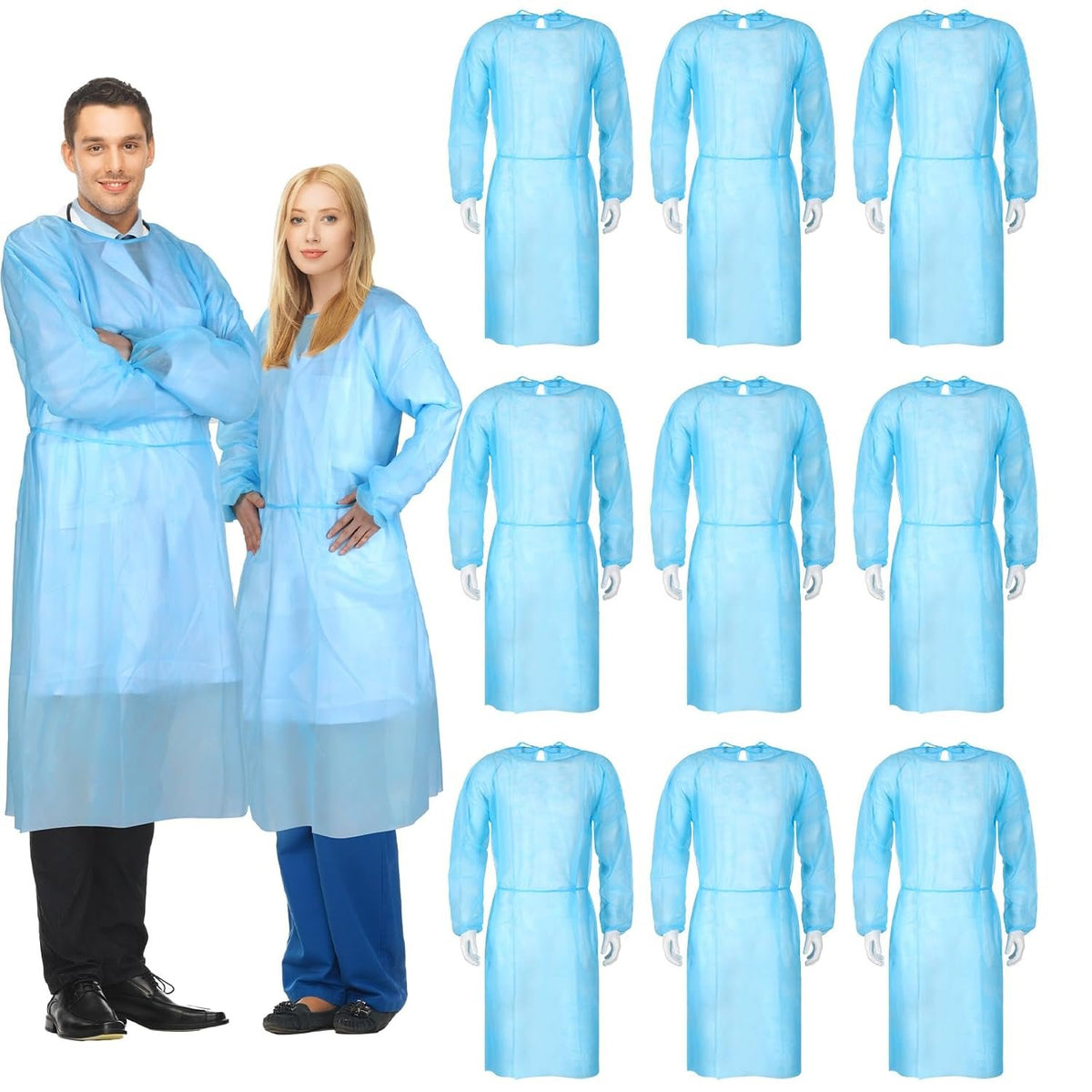 Xuhal 150 Pack Disposable Isolation Gowns PPE Gowns Disposable Bulk,Blue | Spunbonded Polypropylene, 46 in Length, Elastic Cuffs, Neck and Waist Ties, for Home Isolation, Labs, Dental, Beauty Agencies