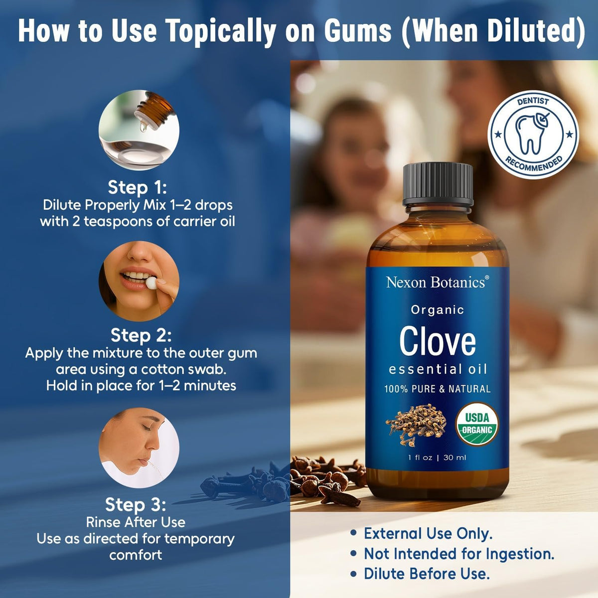 Organic Clove Essential Oil 30 ml - Pure, Undiluted for Teeth and Gums | Topical Clove Bud Essential Oil for Sore Muscles, Skin, Hair Care & Toothache - Natural Source of Eugenol - Nexon Botanics