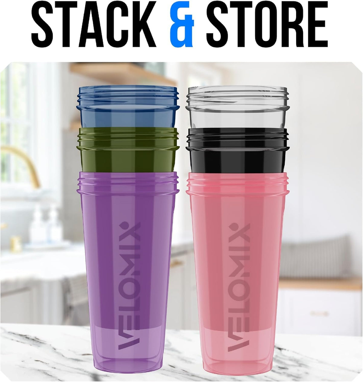 VELOMIX 6 Pack 28oz Shaker Cups for Protein Shakes, Blacks to Transparent | 6x Wire Whisk, Leak Proof Protein Shaker Bottle for Protein Mixes, Stackable, Multipack Value Set for Home, Gym and Car