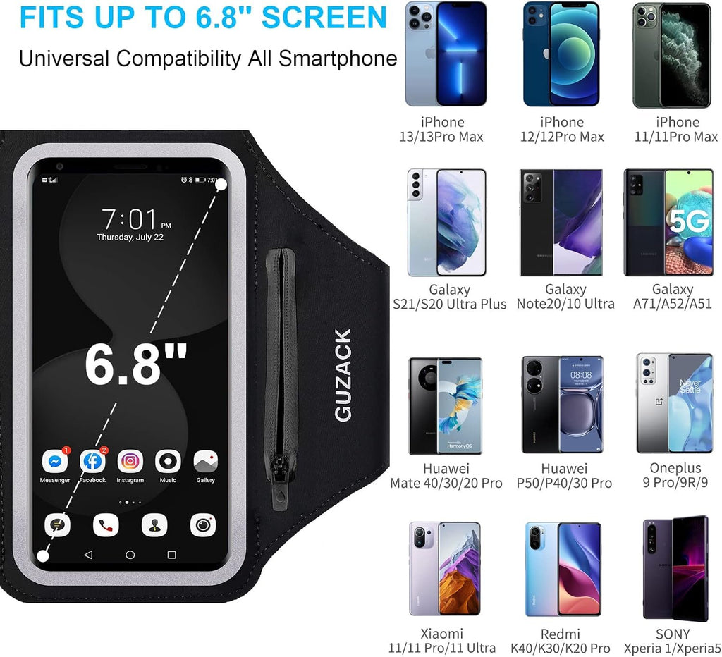 GUZACK Running Armband with Zipper Pouch, Running Phone Holder,Up to 6.9" | Card Slot, Anti-Drop Buckle, Breathable, Sports Arm Holder for iPhone Galaxy, Phone Holder for Running Gym Workouts Jogging