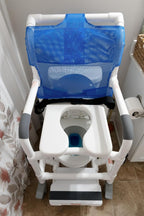 Institutional Grade Rolling Shower Commode Chair with Wheels & Drop Arms – Padded Seat, Locking Casters, Sliding Footrest, Seat Belt – Fits Over Toilet – 300 lb Capacity – DL-1