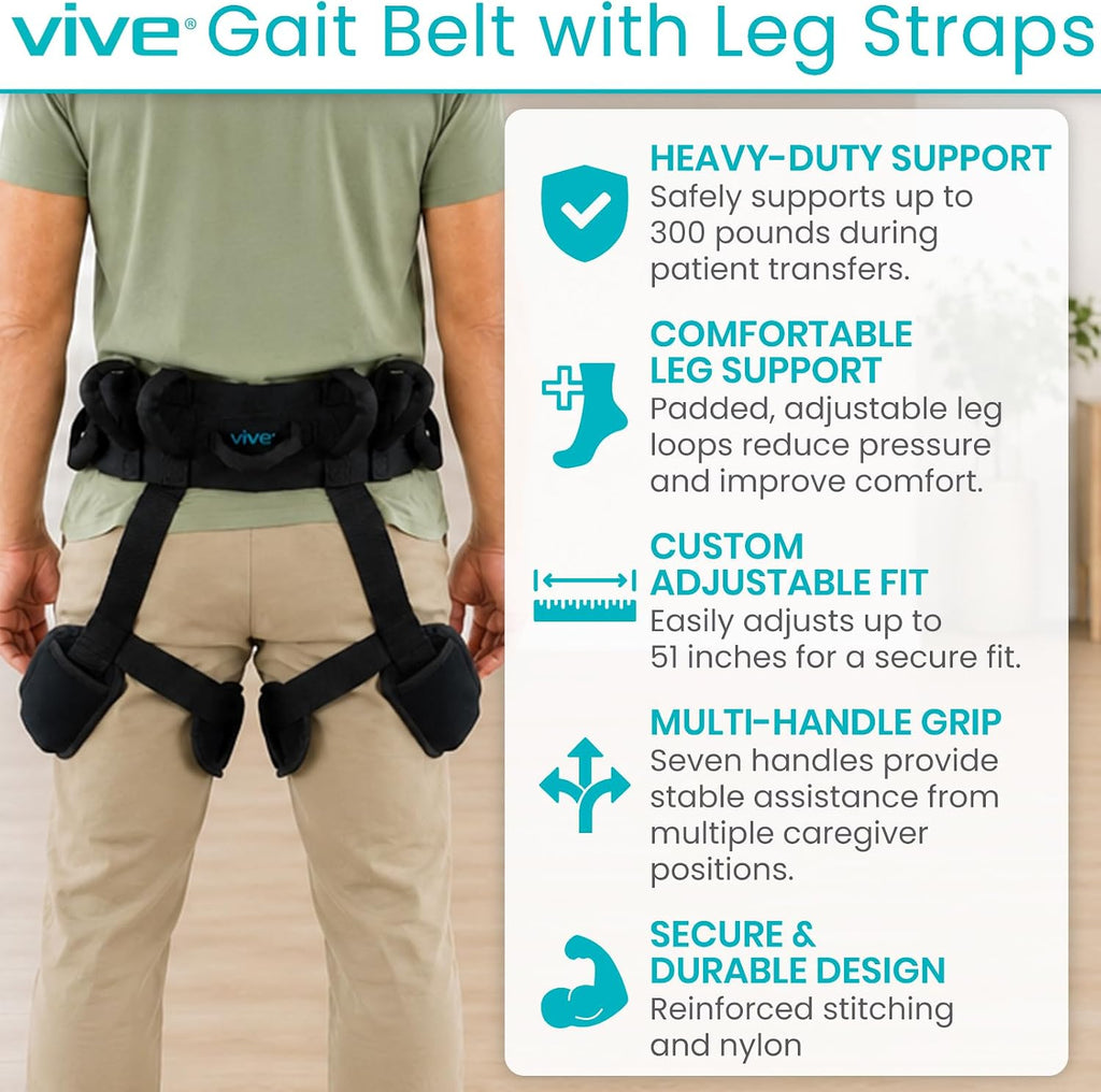 Vive Gait Belt with Leg Straps - Heavy Duty Transfer Belt with Quick | Release Gait Belts for Seniors - Adjustable Bed, Stand Assist Aid with Handles - Physical Therapy Mobility Aid for Elderly