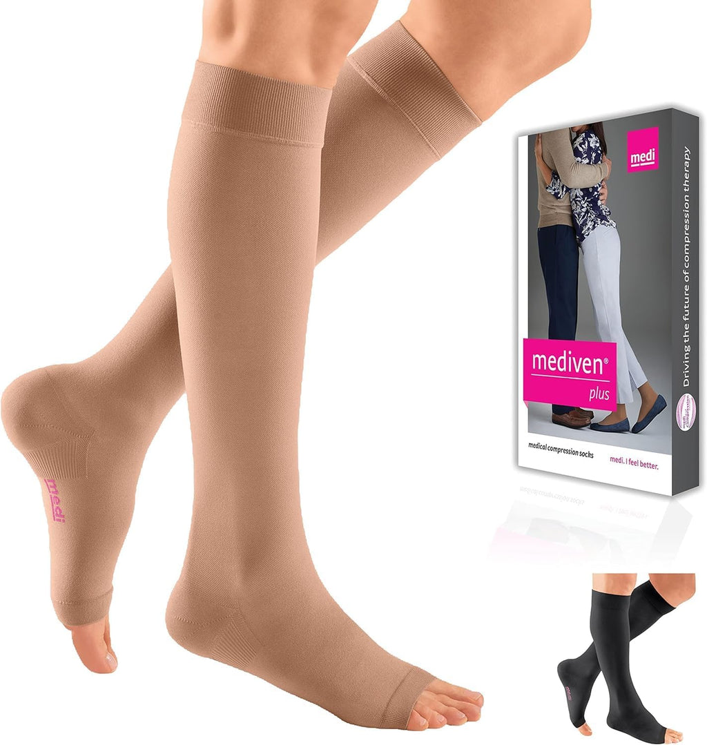 Mediven Men & Women Plus Knee High 20-30 mmHg Compression Sock, Open Toe | Open toe graduated knee high compression socks with silicone top band, opaque knit, and durable daily support.