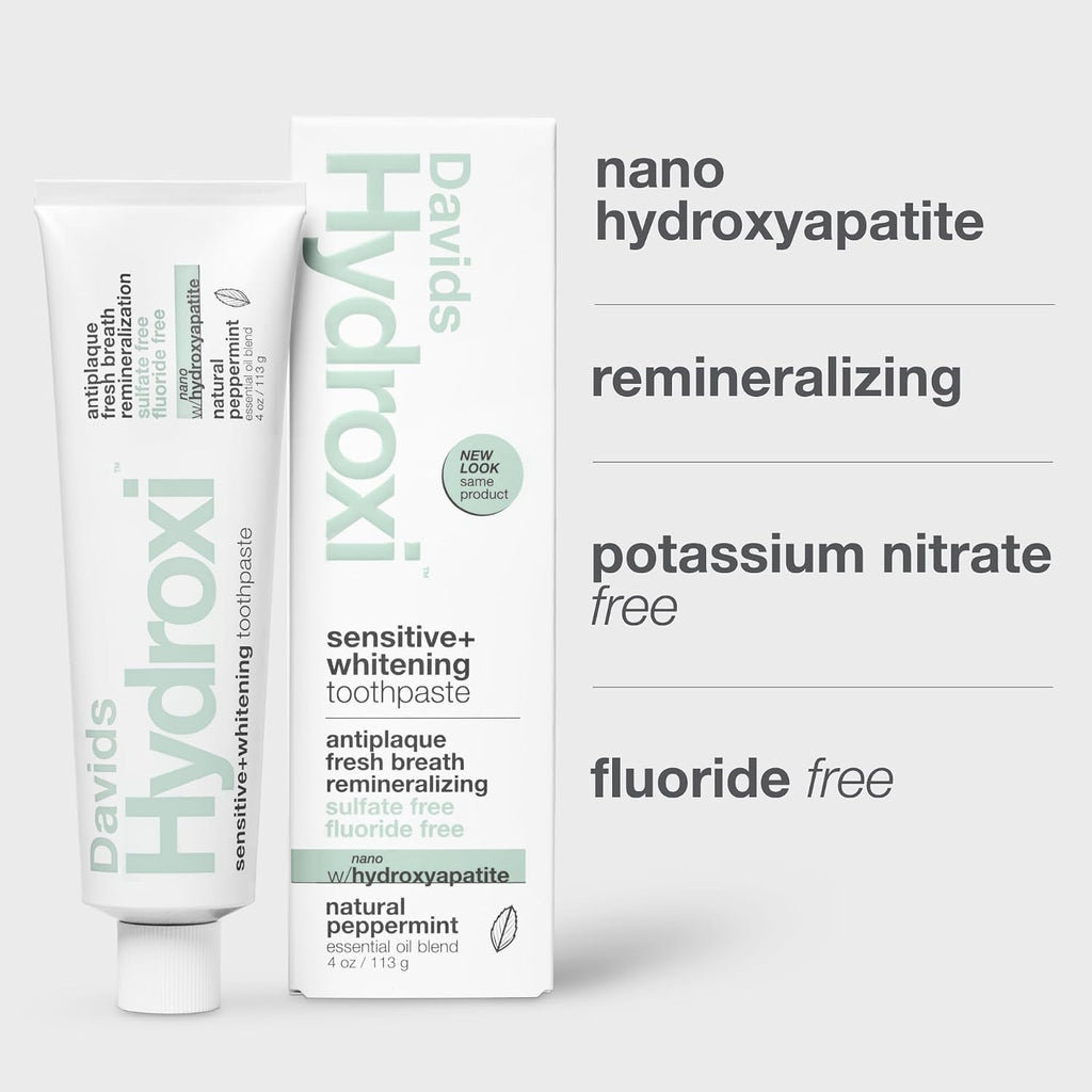 Davids Nano Hydroxyapatite Toothpaste Sensitive + Whitening Peppermint 4oz | Fluoride Free | Remineralizing | Enamel Health | Antiplaque | SLS Free | Made in USA | Recyclable Metal Tube | EWG Verified