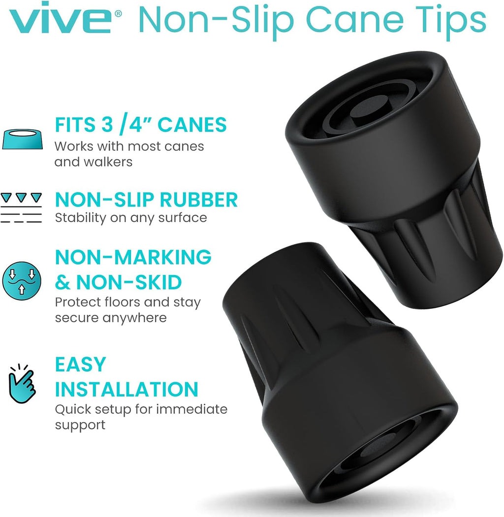 Vive Cane Tips (Set of 2) - Heavy Duty 3/4 inch Replacement Rubber Foot | Black Attachment Base Grip - Accessories for Walking and Standing Stick - Durable End for Women, Men, Seniors, Elderly