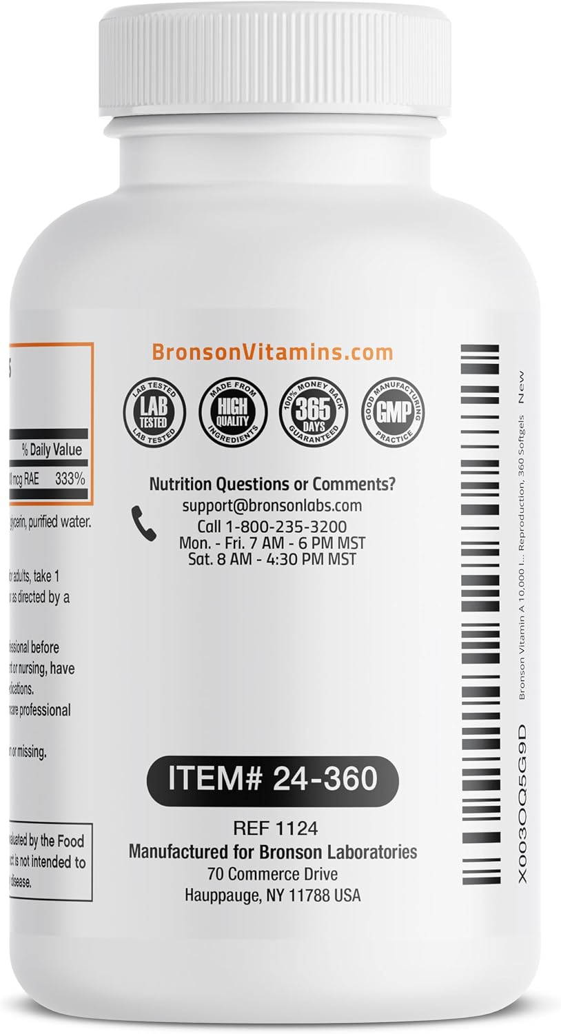 Bronson Vitamin A 10,000 IU Healthy Vision and Immune Support, 360 Softgels | Vitamin A Palmitate, Once-Daily Rapid Release, Skin, Growth & Reproduction Support, Non-GMO