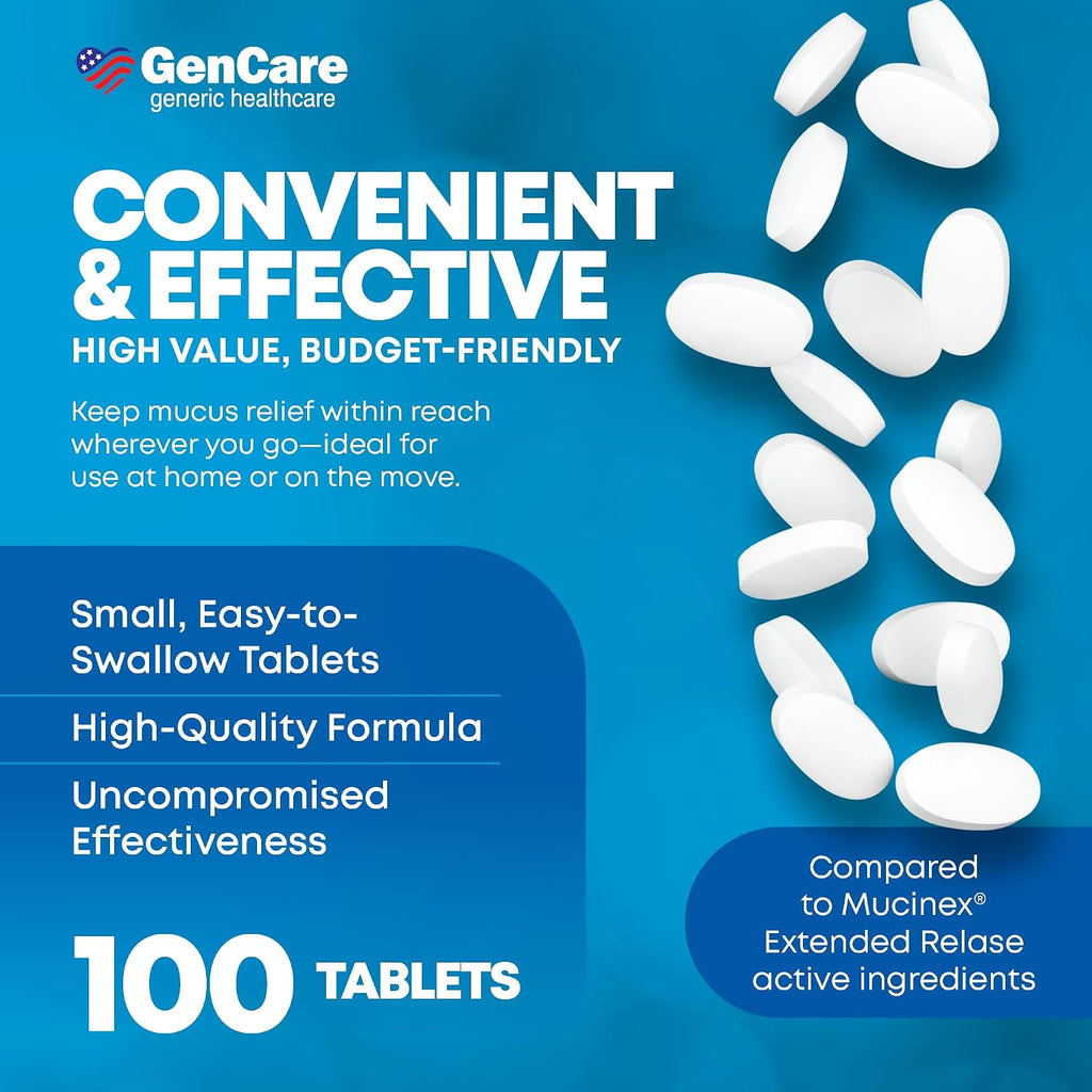 GenCare Mucus Relief Guaifenesin 600mg Extended-Release, 100 Ct | Compares to Mucinex; 12-hour expectorant relief for chest congestion & cough, thins and loosens mucus fast