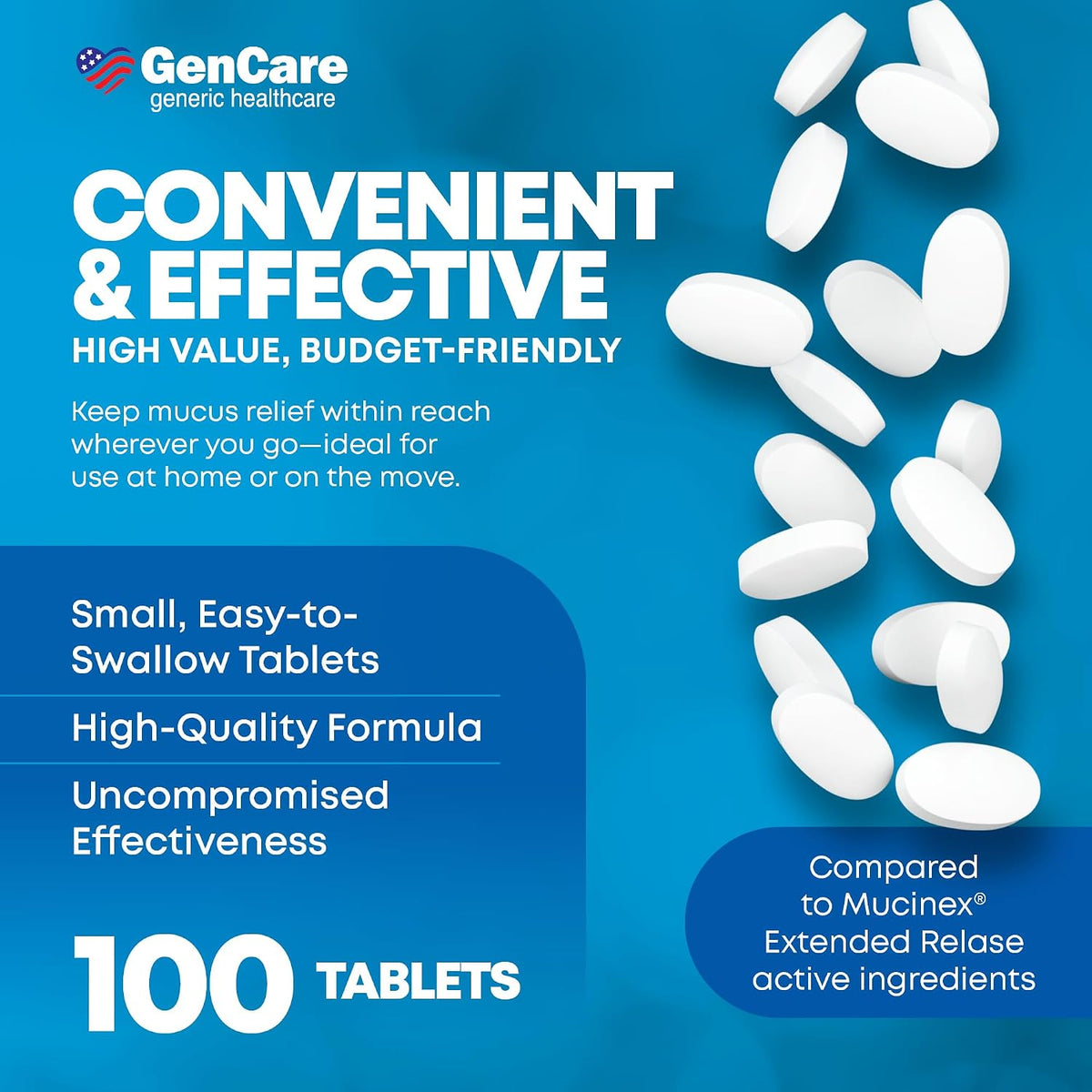 GenCare Mucus Relief Guaifenesin 600mg Extended-Release, 100 Ct | Compares to Mucinex; 12-hour expectorant relief for chest congestion & cough, thins and loosens mucus fast