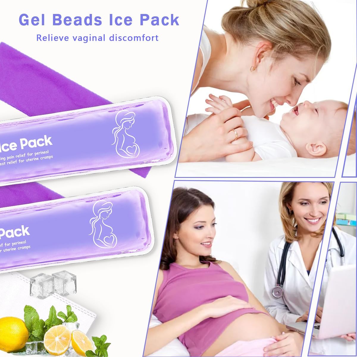 Reusable Postpartum Perineal Ice Packs, Cold Packs for Hemorrhoid Pain Recovery, 2 Gel Pads + 3 Sleeves (Purple)