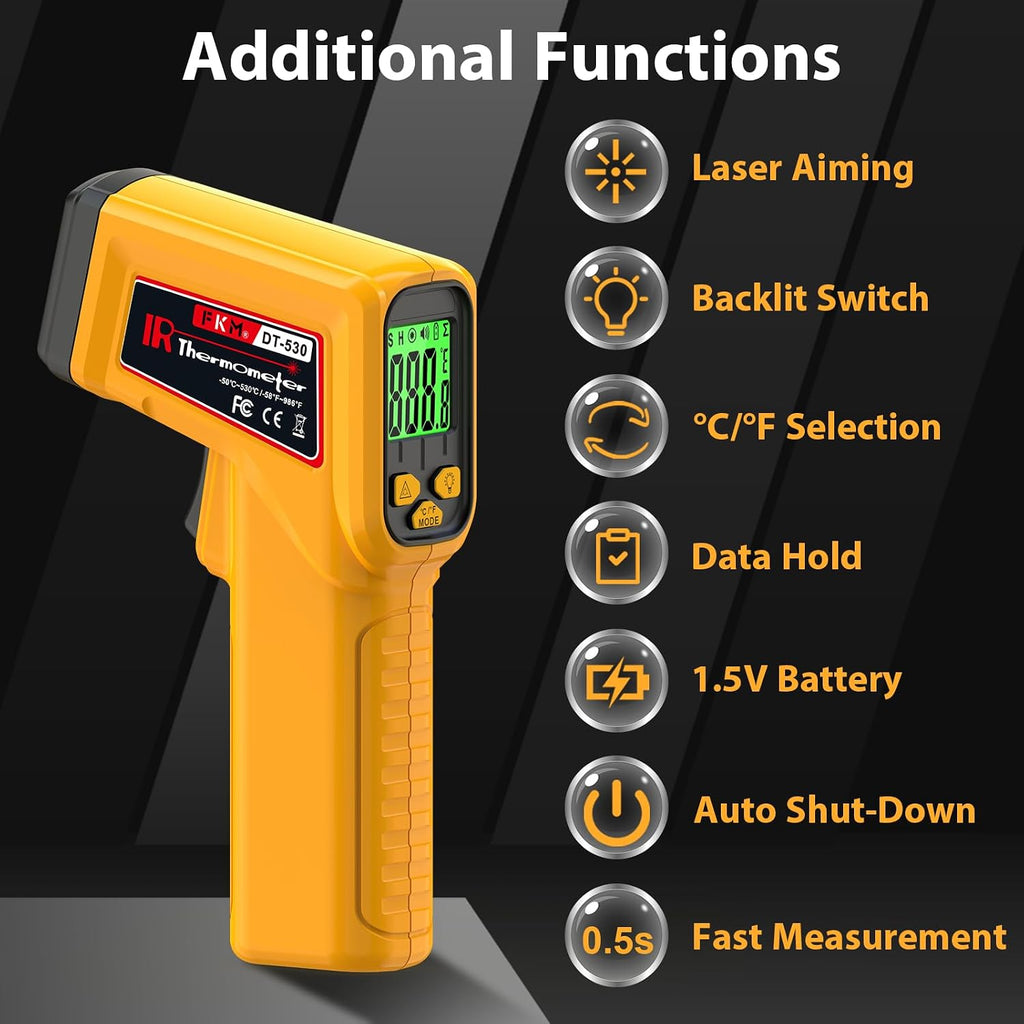 FKM Infrared Thermometer Gun Non-Contact Laser Temperature Gun,-58°F~986°F | Adjustable Emissivity,Digital IR Thermometer Gun for Cooking,Griddle,Pizza Oven,BBQ,HVAC,Automotive,Industrial,Not for Human